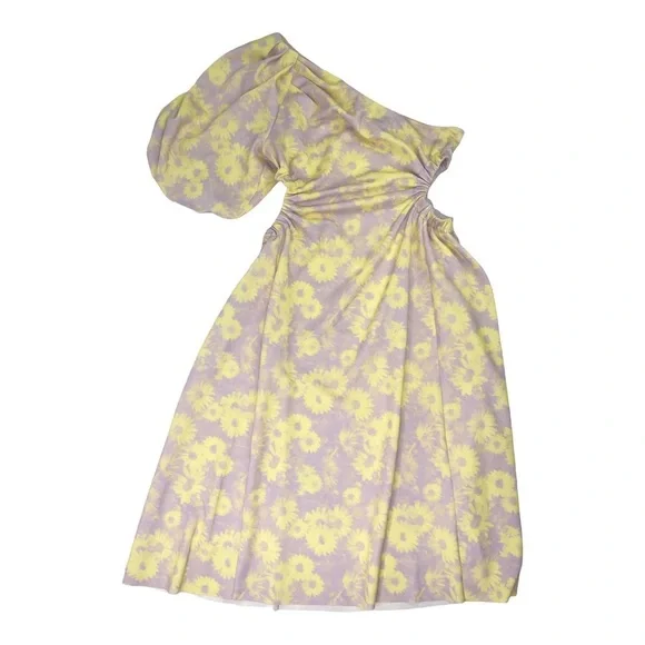 ASOS One Shoulder Puff Sleeve Cut Out Floral Midi Dress - Picture 3 of 16